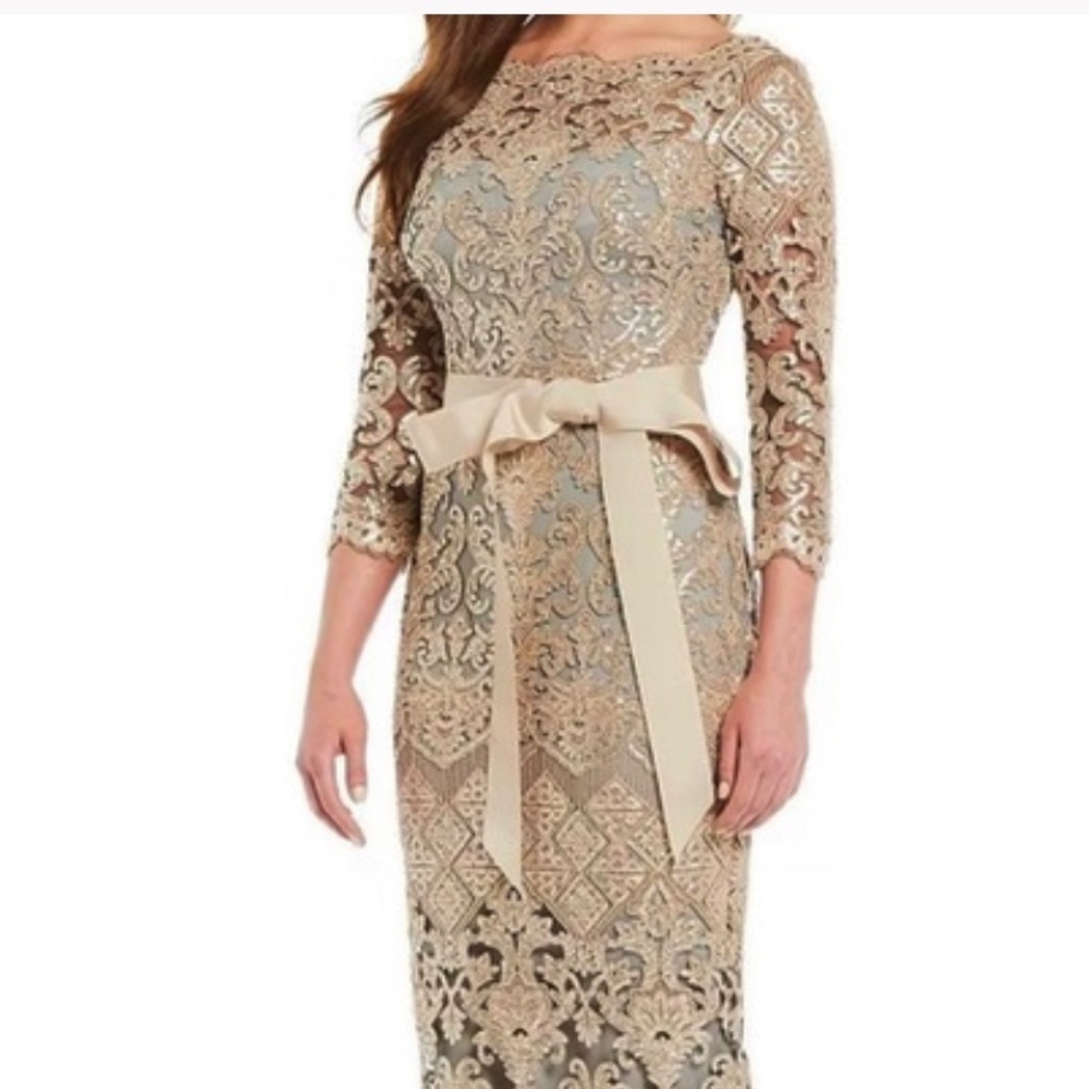 Tadashi Shoji Dress Sequin Taupe Lace Grey Underlay w/ Ribbon Belt